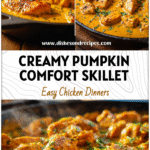 Golden chicken simmered in creamy pumpkin curry sauce topped with herbs in a fall-inspired skillet meal